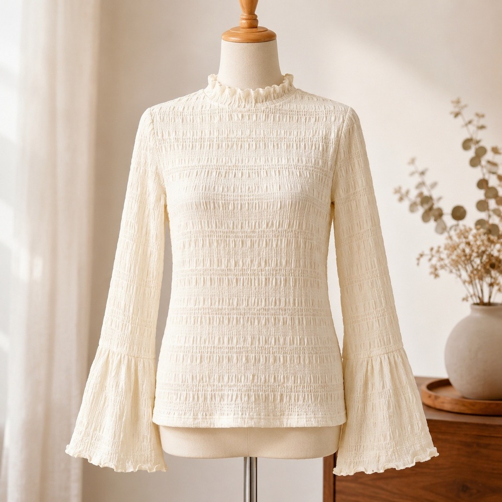 NWT Cupshe Smocked Mock Neck Top  Large Cream Flared Bell‎ Sleeve CAA04B4H048CC